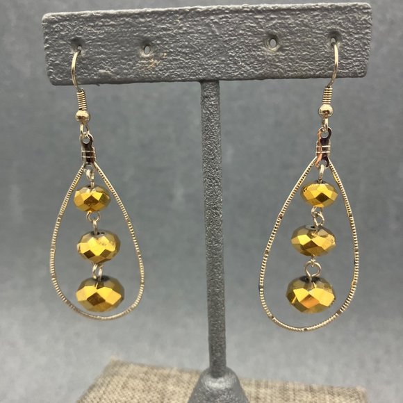 Dangle Pierced Earrings Silver Textured Teardrop Gold Yellow Faceted Triple Bead - Picture 1 of 4